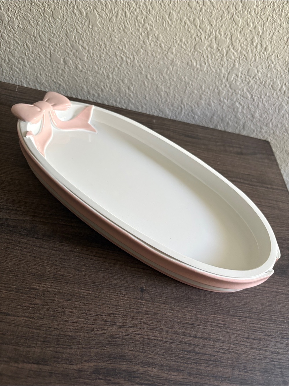 White Oval Ceramic Tray with Light Pink Bow Accent